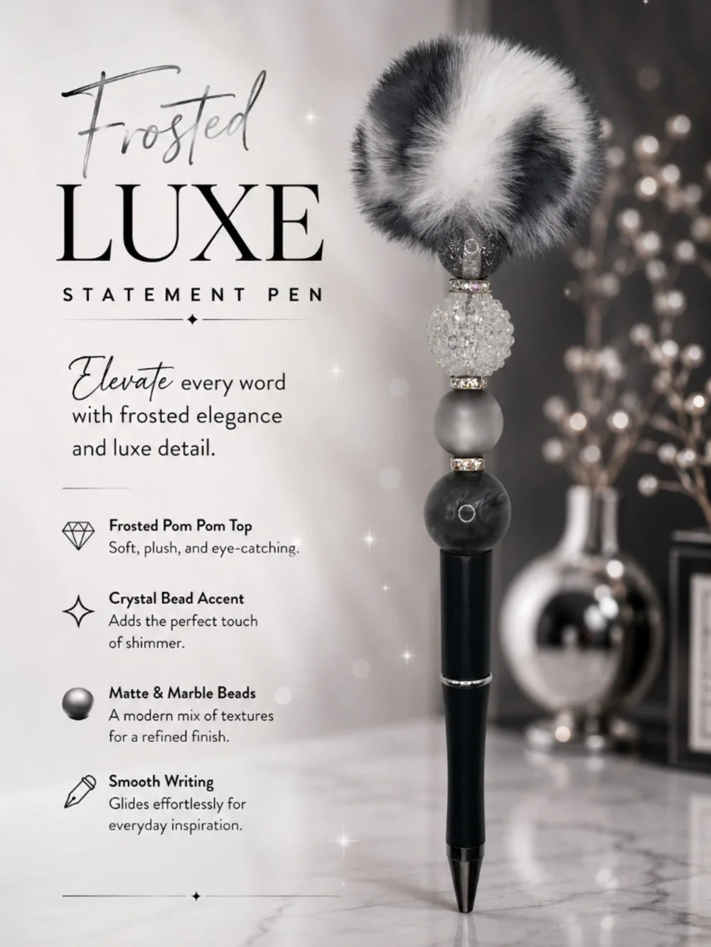 Frosted Black & Silver Pom Pen